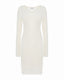 Ivory merino wool V-neck dress with lace trim, front view