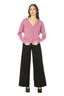 Model wearing a Pink Merino Wool V-Neck Cardigan 