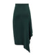 Back view of a green merino wool midi skirt featuring an elegant asymmetric hemline.
