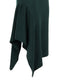 Close-up of the green asymmetric hem and fine knit texture in 100% merino wool