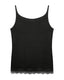 Black tank top with lace trim on a white background, back view