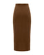 Back view of a brown ribbed merino wool midi skirt with a smooth, fitted shape.
