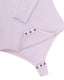 Close-up of a lavander merino bodysuit with button details on a white background