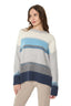 Model wearing a Blue, Grey, and White Merino Wool Blend Striped Oversized Jumper 