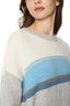 Model wearing a Blue, Grey, and White Merino Wool Blend Striped Oversized Jumper, detailed view