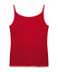 Red tank top with lace trim on a white background, back view.