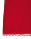 Detailed view of red knitted tank top with lace trim.
