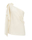 Ivory merino wool transformer blouse styled off the shoulder with a soft wrap silhouette