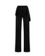 Black merino wool wrap overlay skirt styled over knit trousers, back view