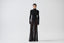 Model wearing black sheer mohair-alpaca knit maxi skirt with long-sleeve black top, front view.