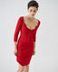 Model wearing red merino wool knitted pencil skirt with matching cardigan